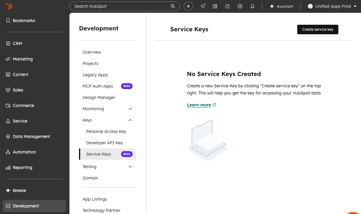 The Service Keys page in HubSpot's Development menu